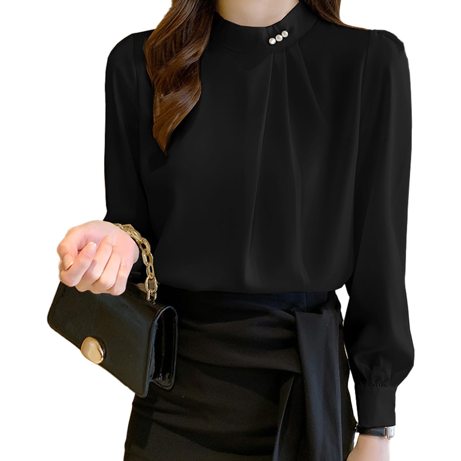 

[SYitong] Women s Long-Sleeved Pearl Blouse, Stand Collar, Elegant Image, Figure-Flattering, Stylish, Cute, Business, Office, Formal, Commuting, Suit