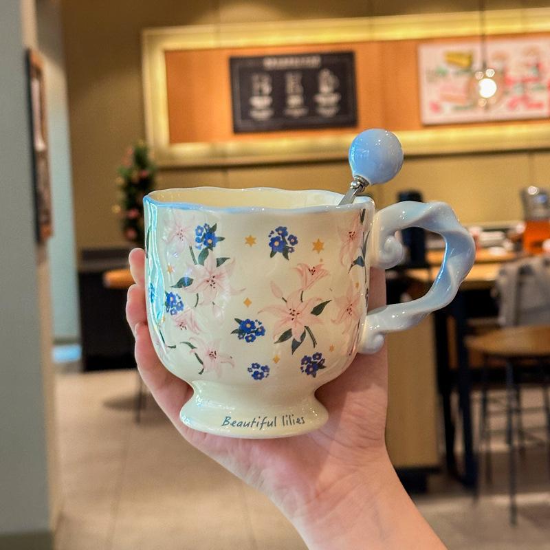 High-value Retro Flower Ceramic Mug Large-capacity Breakfast Coffee Cup Couple Water Cup Girl Birthday Gift Coffee Mug Milk Cup