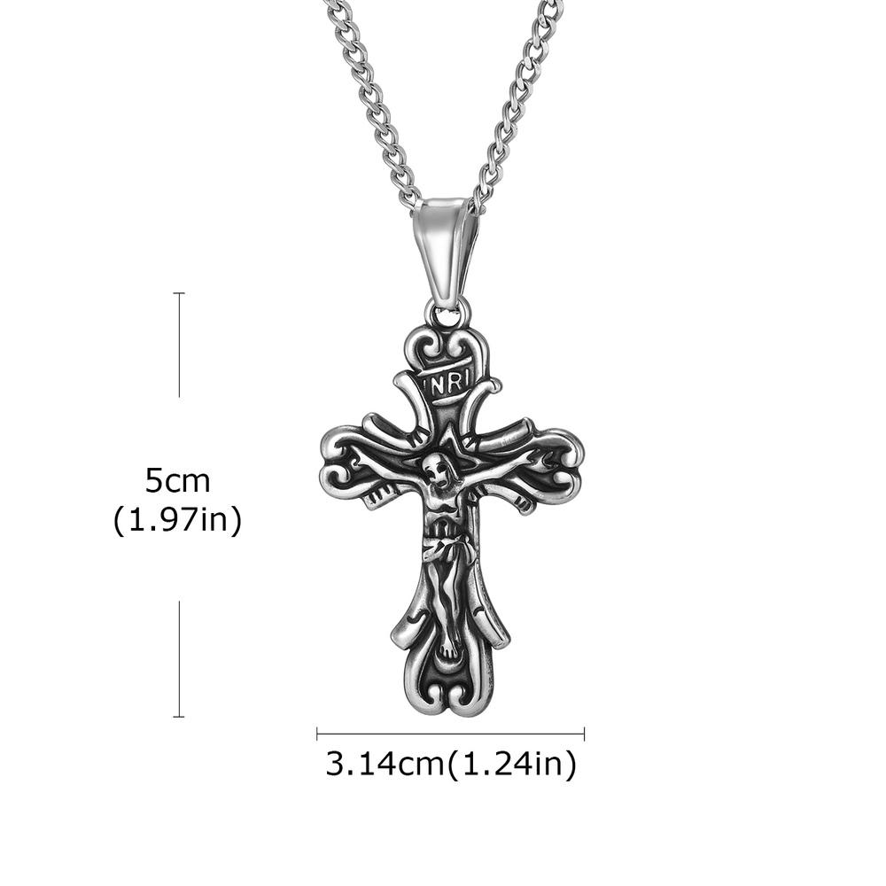Vnox Jesus Catholic Cross Pendant Necklaces for Men Boys, Retro Grey Crucifix Stainless Steel Link Chain, Christian Jewelry Gift
