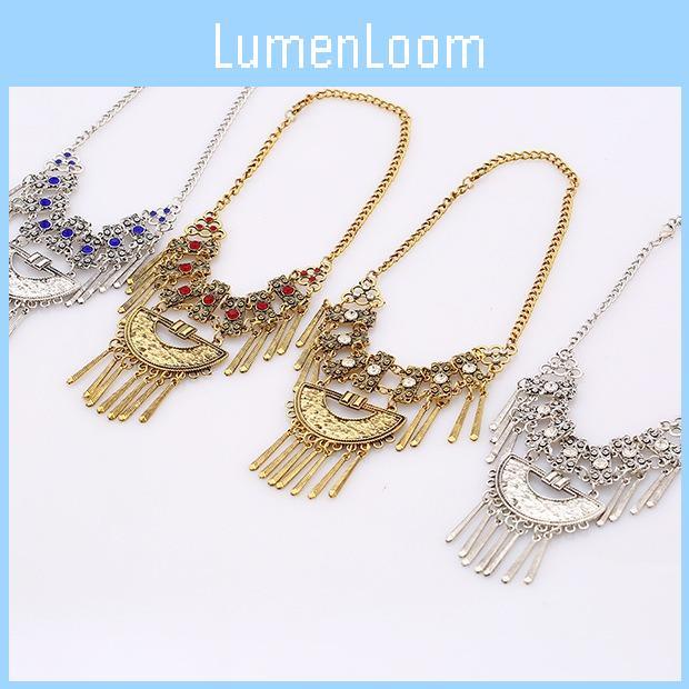 Carved Vintage Alloy Necklace With Embedded Rhinestones Decor Design Tassel