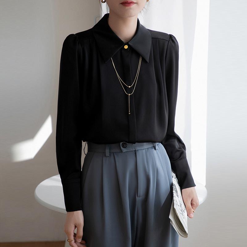 Women's 2025 Spring Satin Long-Sleeve French Drape Shirt for Professional Interviews