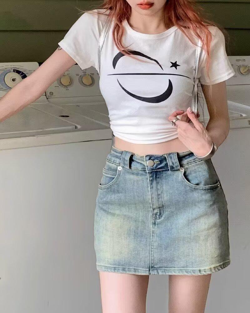 2025 Summer Women's High Waist Distressed Denim A-Line Skirt