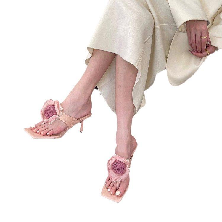 2025 Summer New Chinese Flower High Heel Versatile Sandals Women's Spring and Summer Toe Thin Heel Cool Slippers Women's Slippers