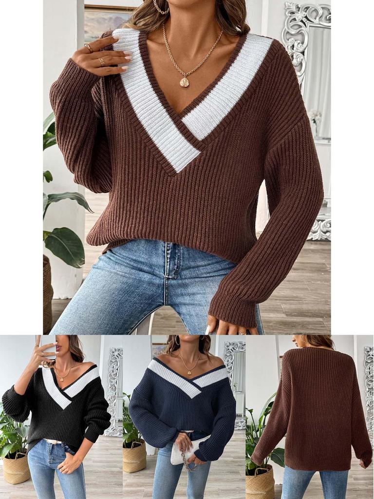 Women's Color Block Patchwork Deep V-Neck Loose Sweater - Long Sleeve Pullover for Autumn/Winter