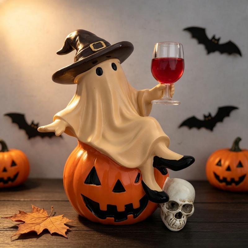 Halloween Ghost Sitting On A Pumpkin Figurine, Witch Holding A Red Wine Glass, Skeleton Decorating The Home Table for A Party Setup.