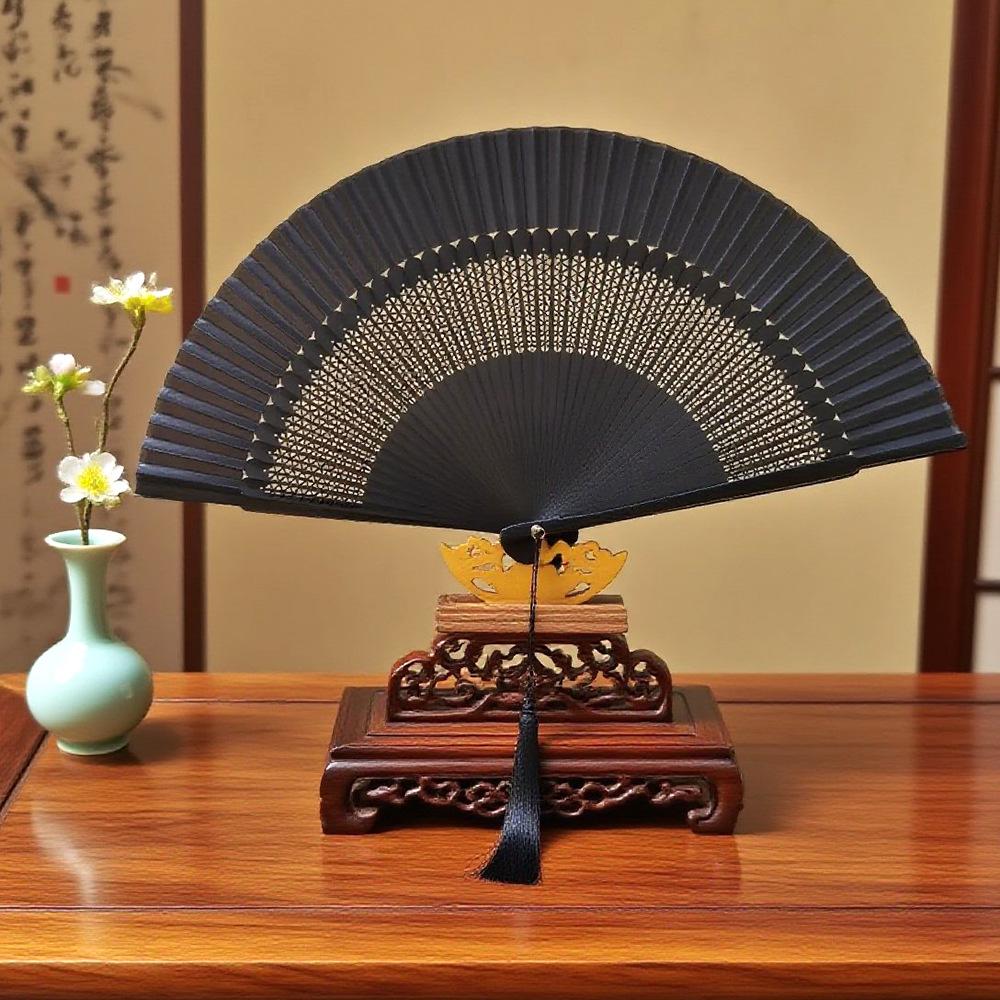 Classic Black Bamboo Folding Fan - Chinese Style Mosquito Repellent for a Cool Summer Breeze