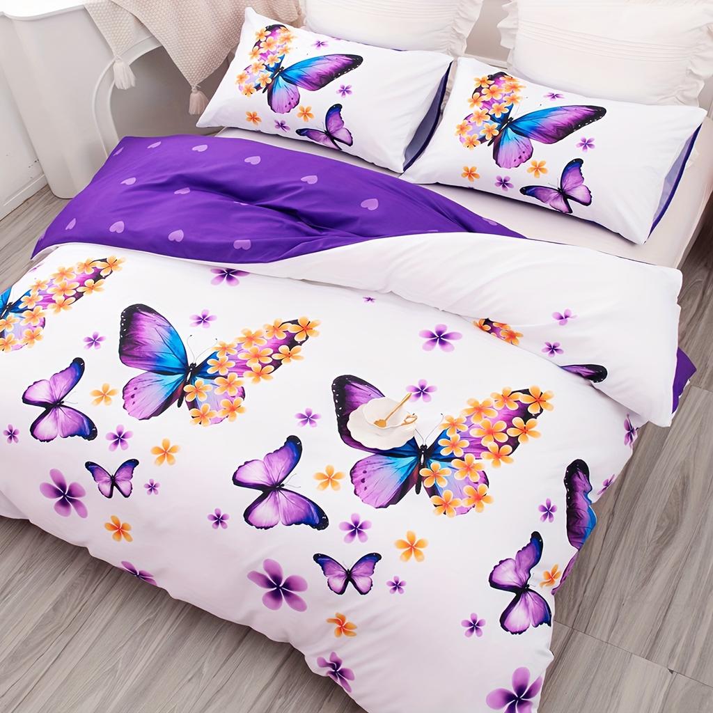 Purple Buterfly Floral Soft with Soft Fabric Duvet Cover Set featuring 2 Pilowcases - Printed Soft Duvet Cover for Home And Dormitory