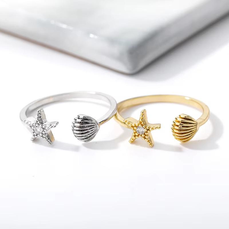 French vacation style creative design ring, women's starfish shell adjustable tail rings