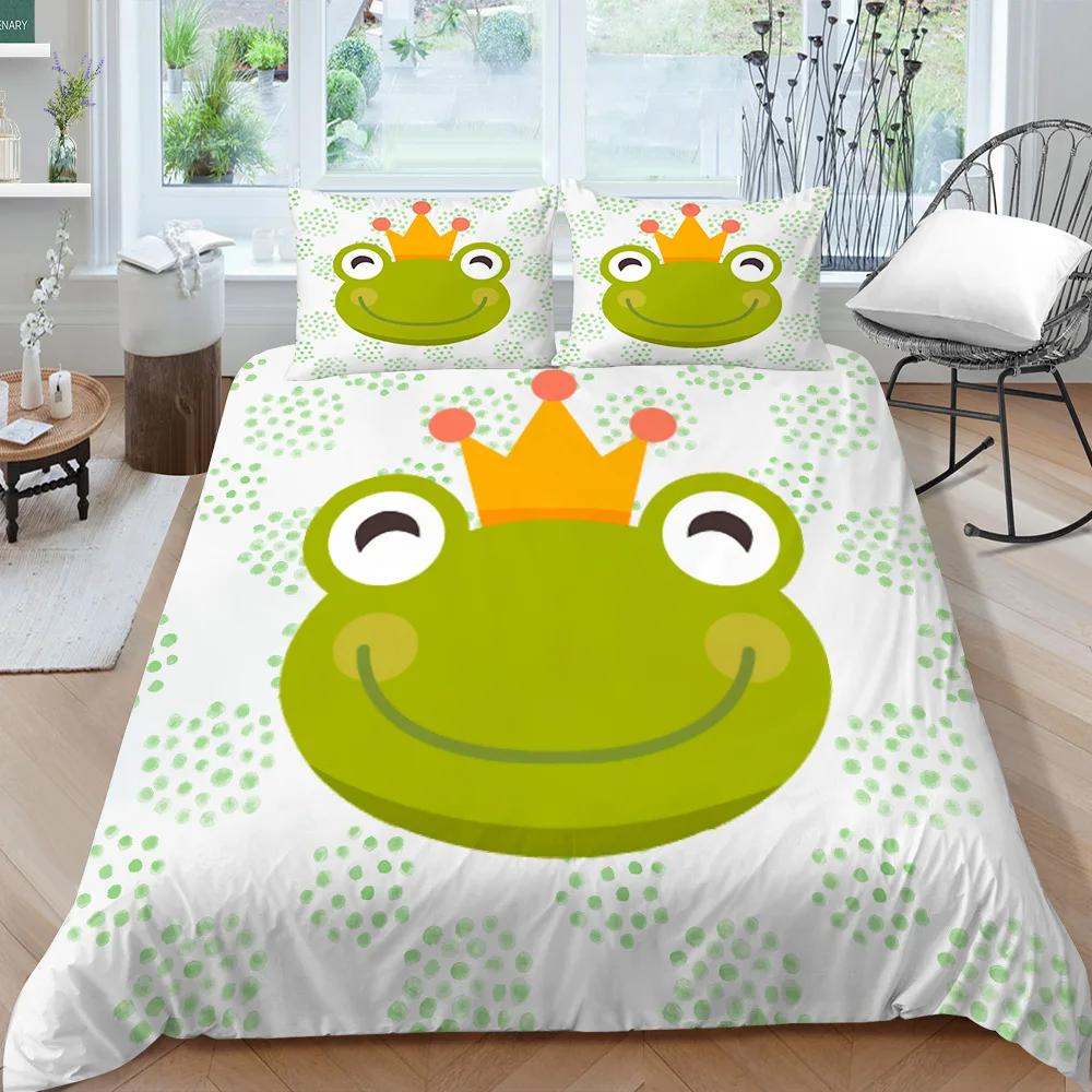 Cartoon Frog Duvet Cover Set King/Queen Size Reptile Animal Theme Bedding Set Cute Green Frog Polyester Comforter Cover for Kids