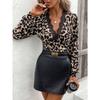New Women's V-neck Puff Sleeve Contrasting Lace Leopard Print Slim Fit T-shirt Top