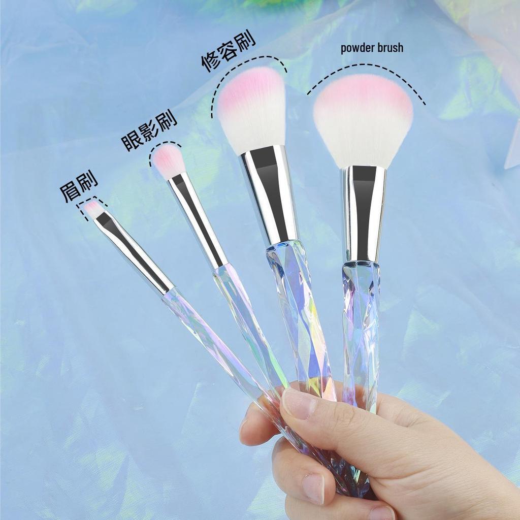 4-Piece Crystal Handle Makeup Brush Set: Eyeshadow, Foundation, Powder, Contour, and Eyebrow Brushes.