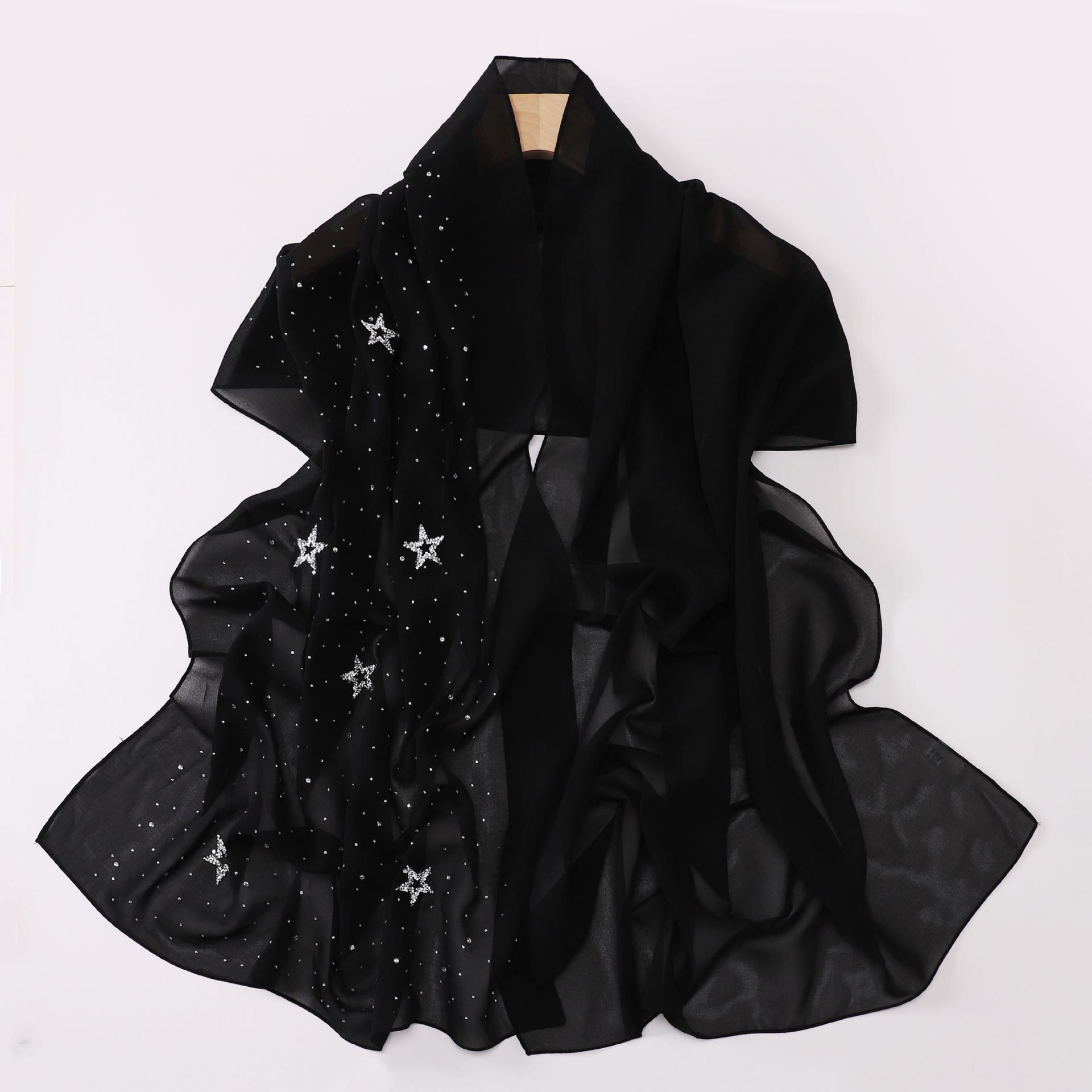 

VigoAnne 2025 Lady Muslim Pentagram Hot Stamping Hijab Shawls Women Plain Scarf Chiffon Solid Islamic Turban Headband 175cm*70cm чорний