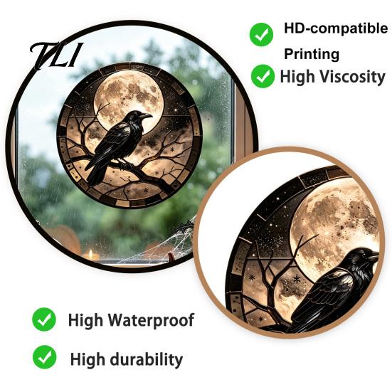 Decorative Window Privacy Film Halloween Raven Moon Static Glass Sticker, Removable Decals, Vintage Party Supplies Crow PVC Waterproof Cling for