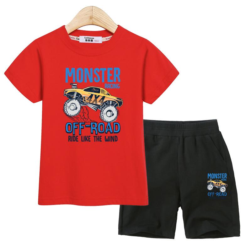 Set Abbigliamento Estivo per Bambini Camicia Monster Truck Pantaloncini Sportivi Costumi a Manica Corta per Bambini Outfit 2 Pezzi