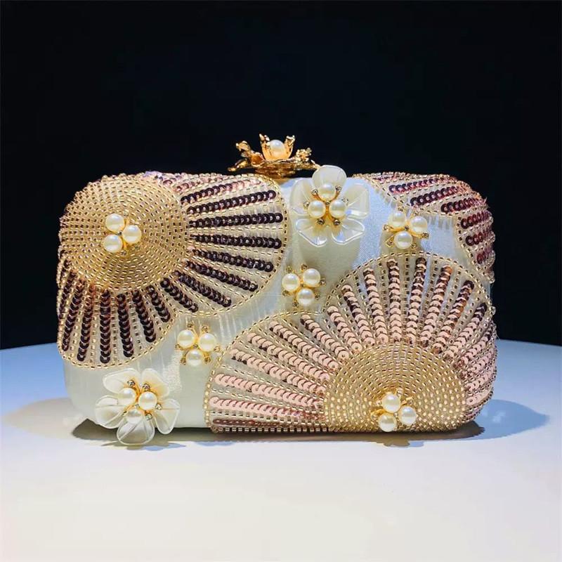 2025 Luxury Sequined Flower Design Peal Evening Clutch Bag Women Prom Glitter Banquet Bag New Shoulder Handbag Wedding Party Bag