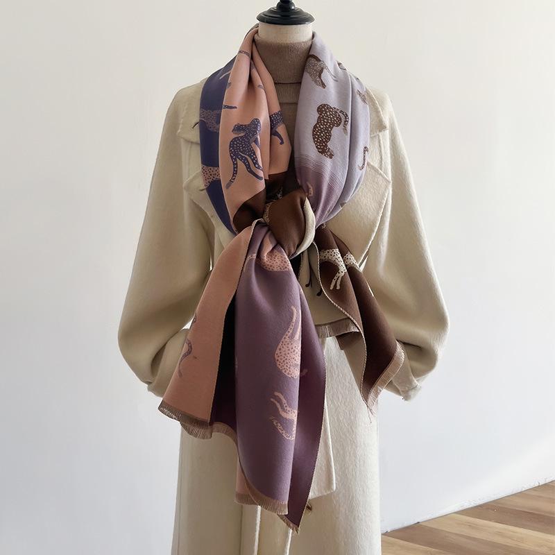 Warm Imitation Cashmere Scarf Women'S Double-Sided Cute Cartoon Lion Color Matching Thickened Scarf Air Conditioner Shawl