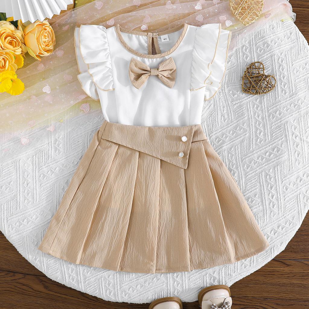 Girls Black and White Classic Set Ruffled Short Sleeve Bow Decorated Top + Pleated Skirt