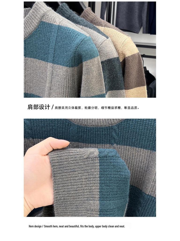 Men's Winter Striped Jacquard Crew Neck Long Sleeve Casual Knit Sweater