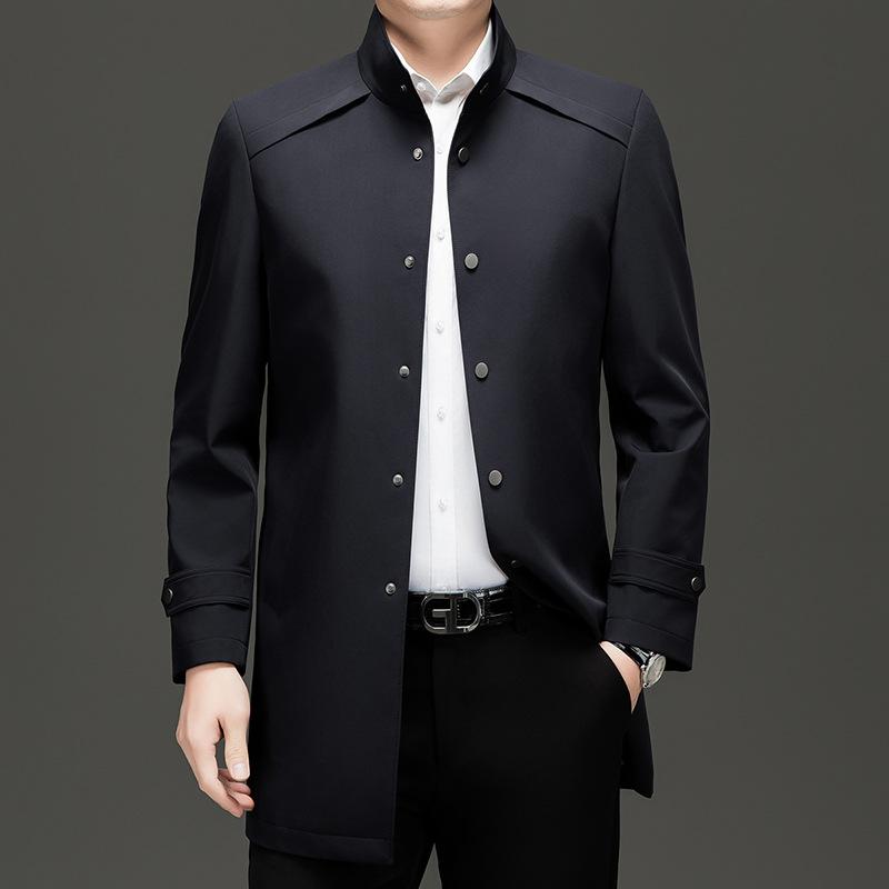 Spring and Autumn New Business Leisure Medium and Long Single-breasted Stand-up Collar Solid Color Loose Coat