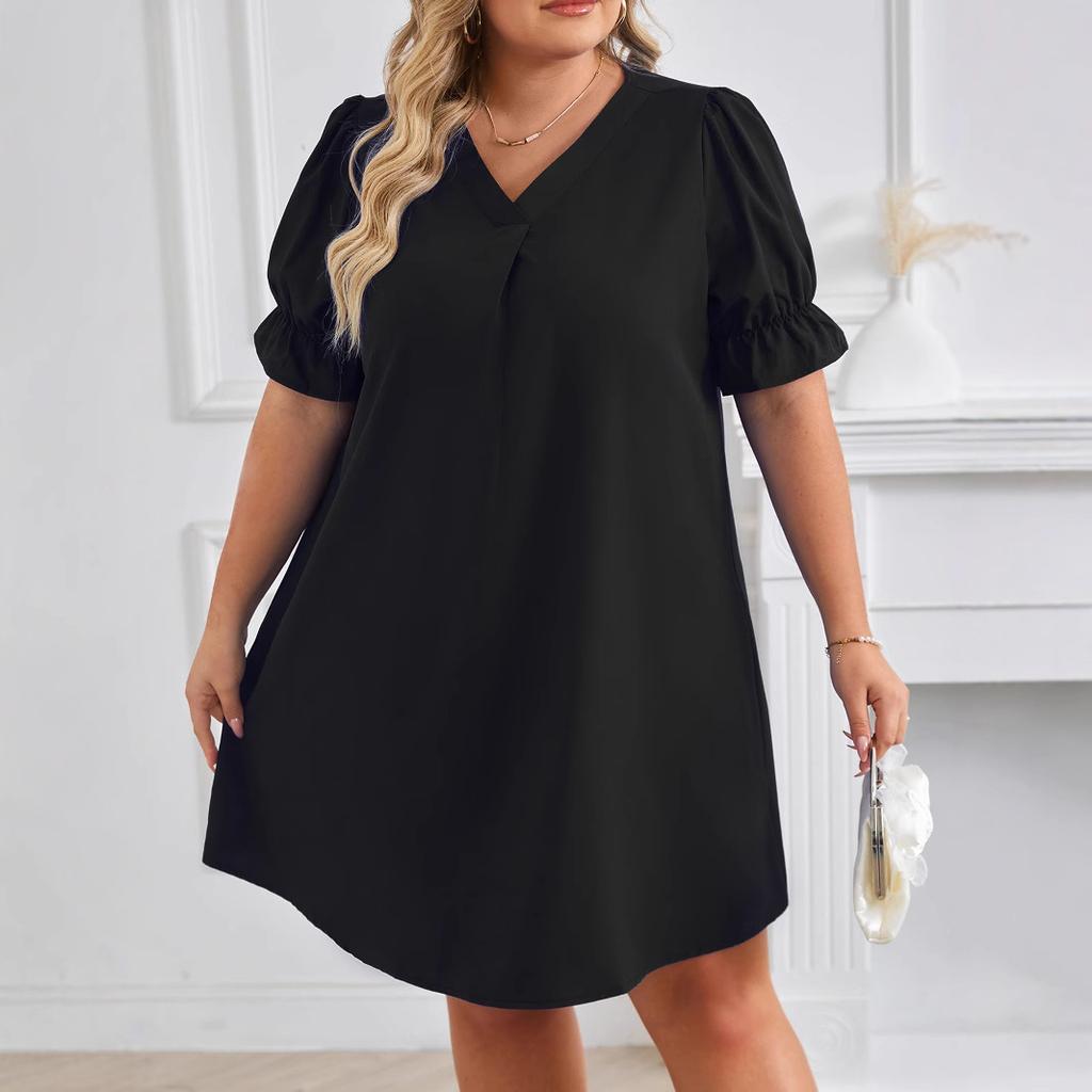 V-neck Solid Short Dress for Women Ruffled Short Sleeve Loose Waist Dress Casual Basic Work Vacation Dress Summer Breathable Soft Plus Dress