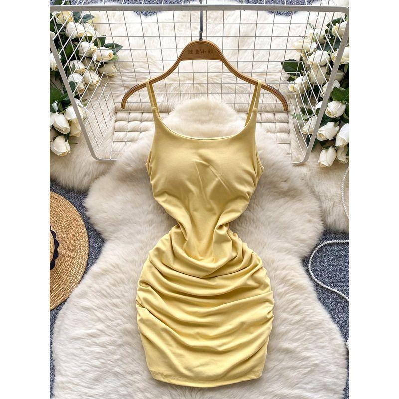 Pure Desire Style Dress Women 2025 Summer Scheming Pleat Waist Hugging Slim fit Sling Sheath Short dress Sexy Base Skirt