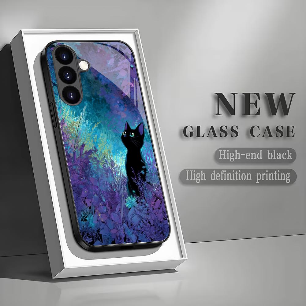 Cat Looking Up At the Starry Sky Glass Phone Case Suitable for Samsung Galaxy S26 S25 S24 S23 S22 S20 FE/Ultra/Plus Anti Fall