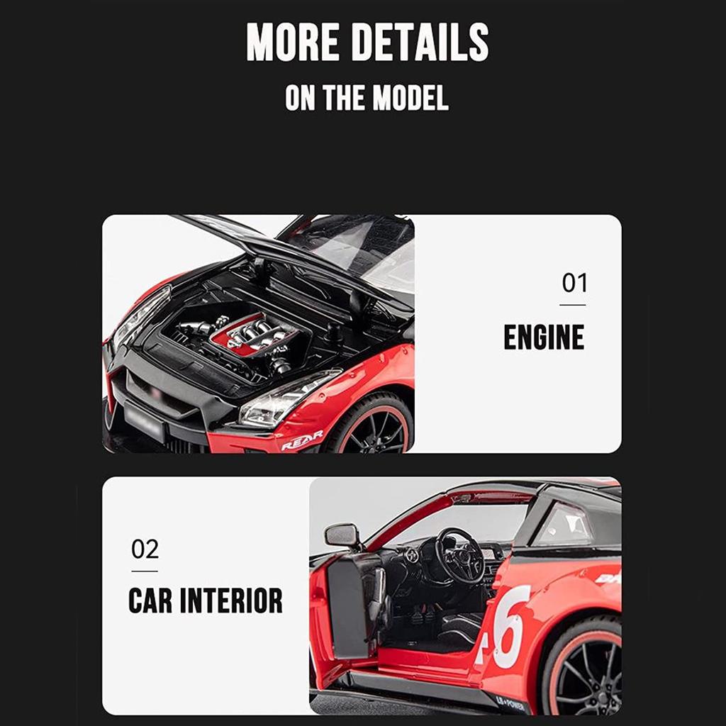 1/24 Scale Nissan GTR Diecast Car Model Toy, Pull Back Toy Vehicle with Sound and Light for Kids Toddler Boys Girls Gift Collection
