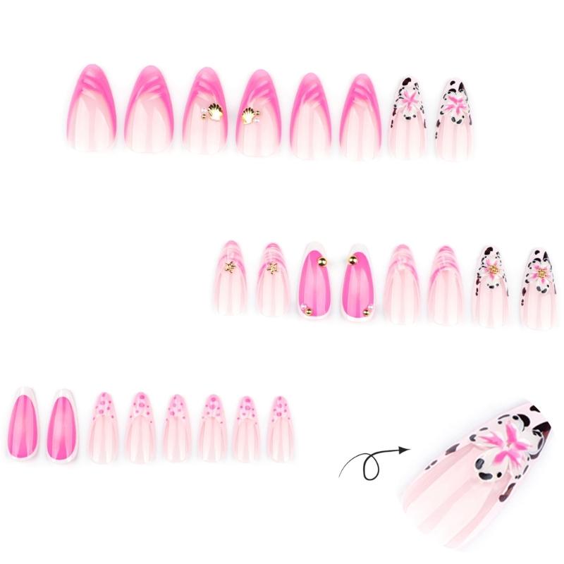 24 ks mandlových nalepovacích nehtů s květinovým francouzským designem, akrylové falešné nehty, umělé nehty s lepidlem na nehty pro ženy a dívky