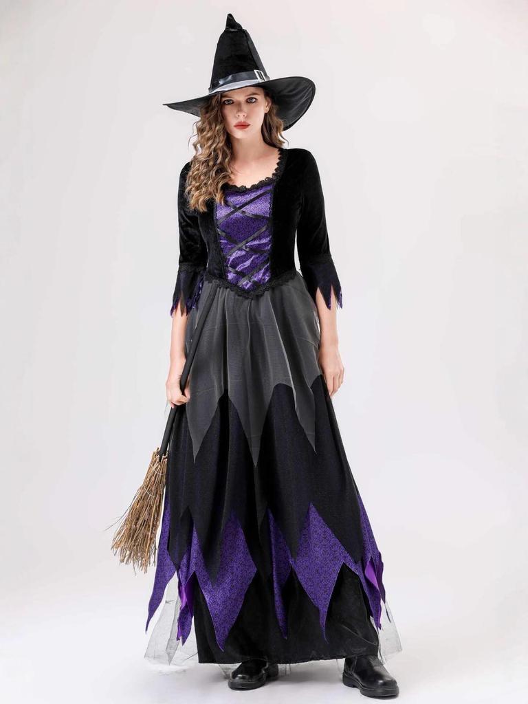Schwarz-Violettes Hexen-Vampir-Kostüm für Erwachsene und Kinder - Perfekt für Halloween und Bühnenauftritte
