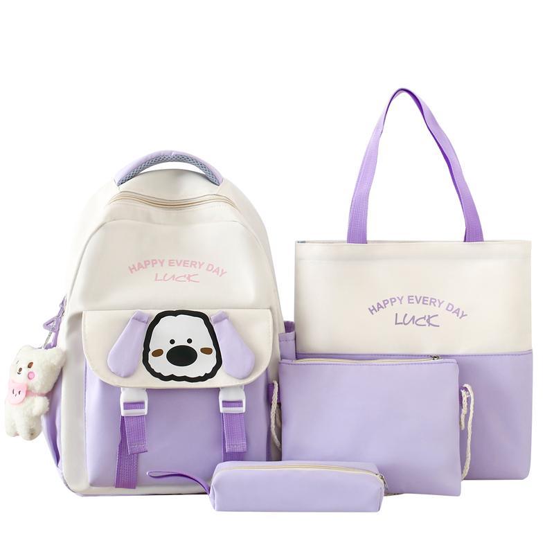 Four-Piece Backpack Set Student Schoolbag Cartoon Women's Color Block Backpack for Girls Letter Backpack