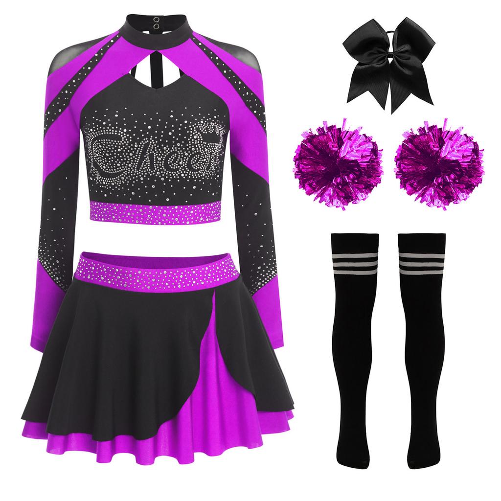 Uniforme Brillante da Cheerleading da Donna Manica Lunga Strass Crop Top Gonna da Pattinaggio