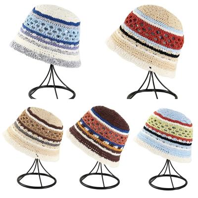 Sommer Hohl Eimerhut Bunter Streifen Sonnenhut Japanischer Colorblock Bohimian Fischerhut Reise Strand Panama Kappe Geschenk für Mama