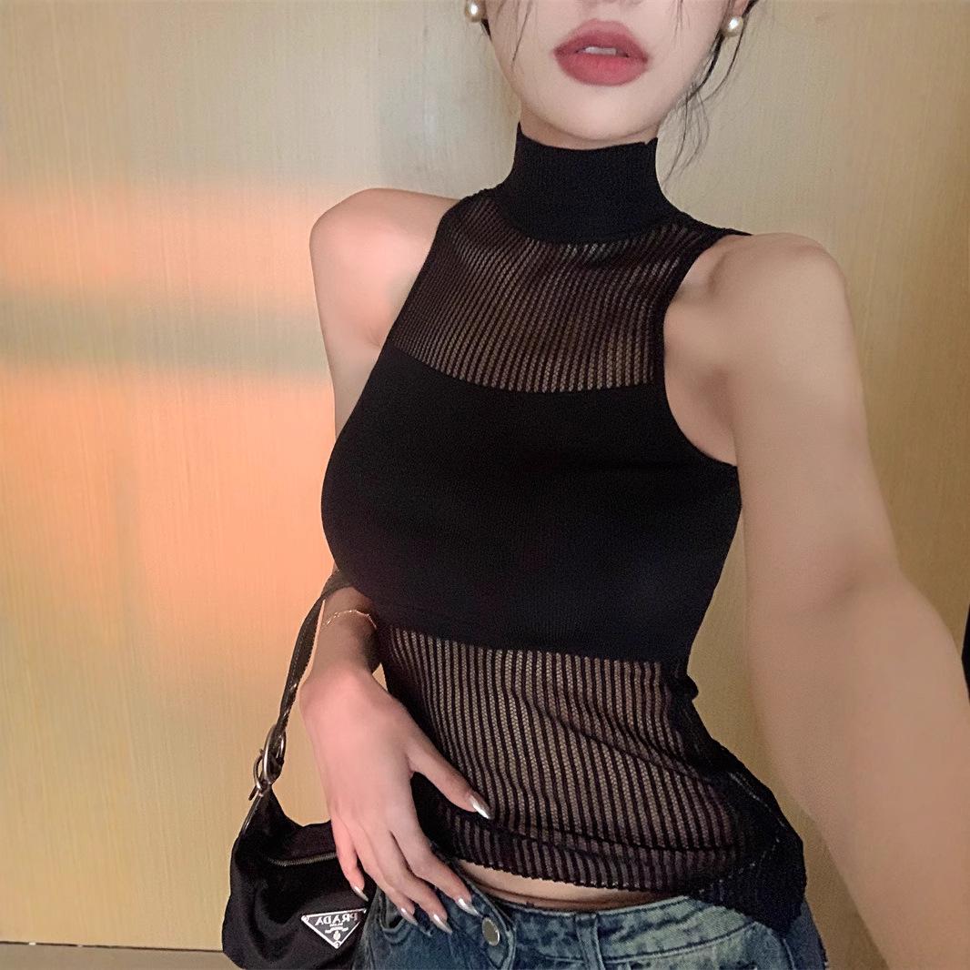 

Американский прозрачный трикотажный топ без рукавов в стиле пэчворк для женщин One Size (up to 125 lbs) чёрный