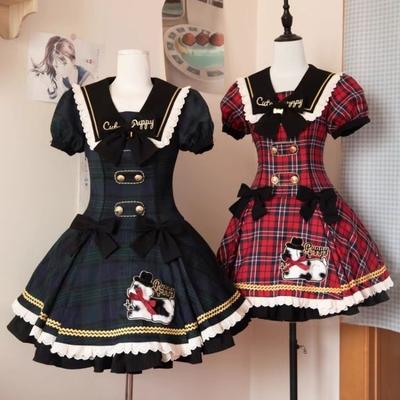 Robe Plaid Lolita Douce Broderie Chien Mignon Col Marin Style Académie Coupe Ajustée Vintage Kawaii Une Pièce Carreaux Verts