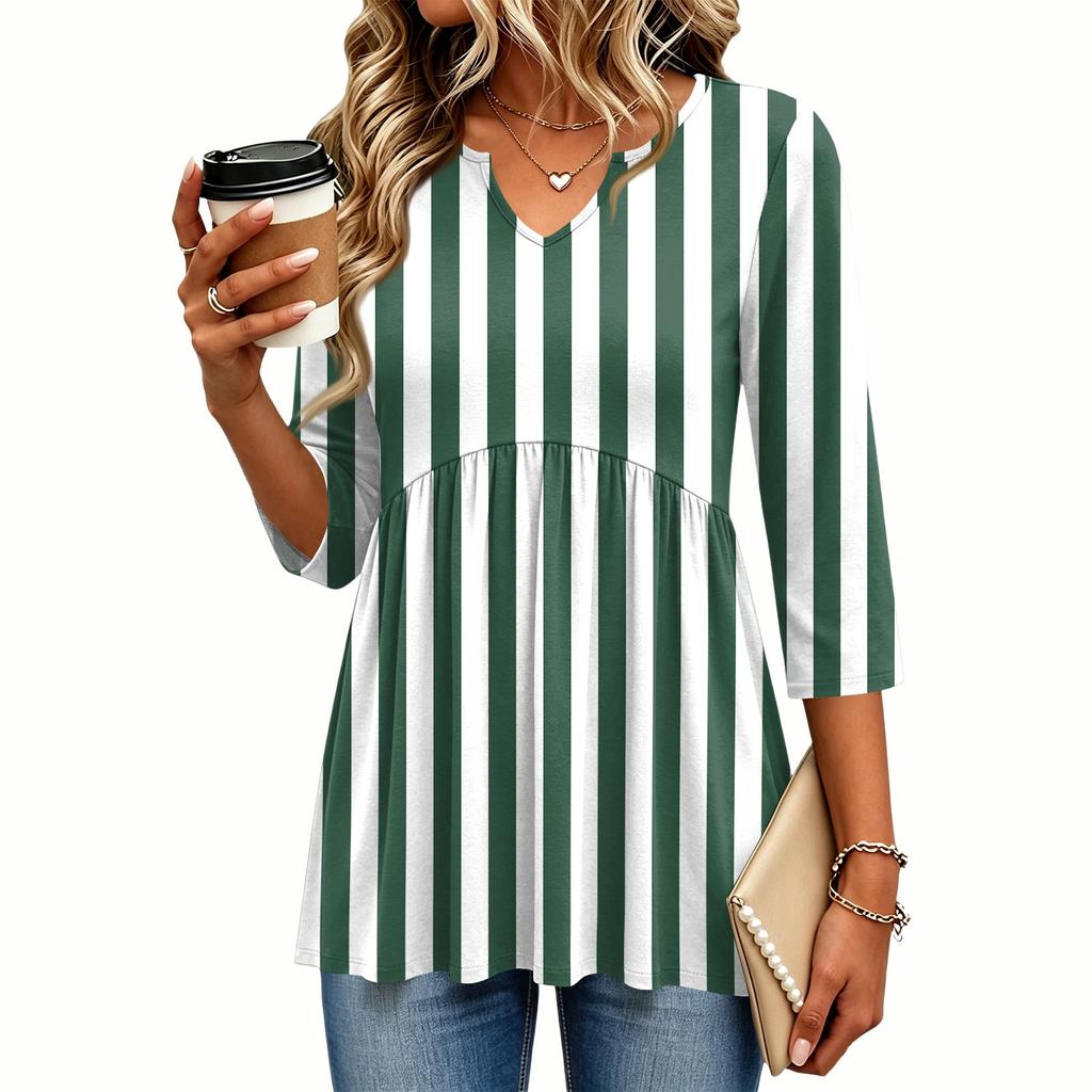 Damen Freizeitbluse mit Streifenmuster, V-Ausschnitt und Dreiviertelärm für die Arbeit oder den Alltag
