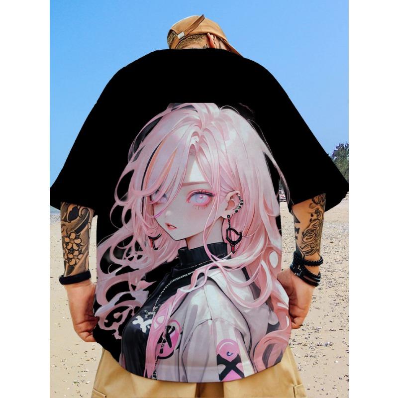 Nova camiseta casual masculina com estampa de beleza bidimensional impressa em 3D, manga curta, moda de rua, estampa de anime, top de gola redonda