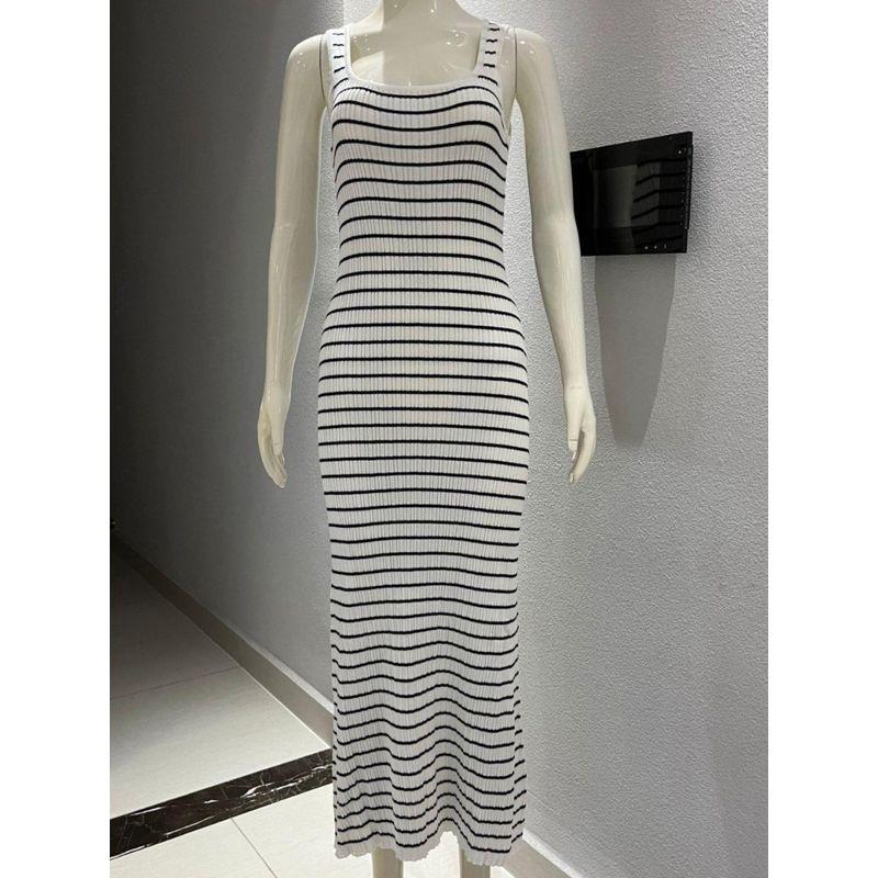 Stripe Vest Contrast Color European and American Style Beach Vacation Sexy Long dress Knitted Sunken Stripe Long Dress Summer Women
