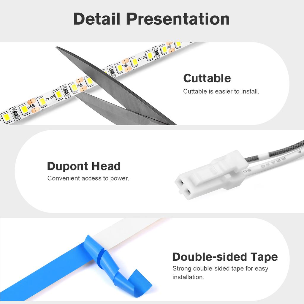 High Bright LED Cabinet Light Strip 12V 2835 Double Layer Copper 5mm PCB Tape DuPont Wire Cable Port DIY Wardrobe Shelves Lamp