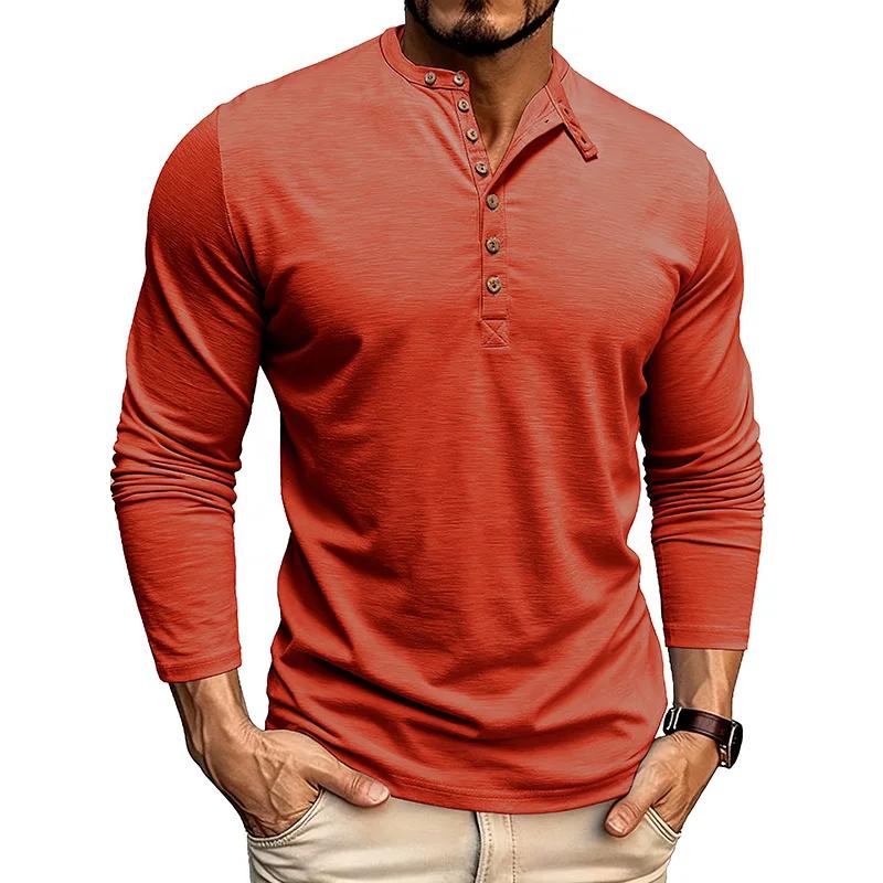 Mens Henley Collar Long Sleeve T-Shirts Solid Color Loose Fit Button Front Casual Daily Tshirts