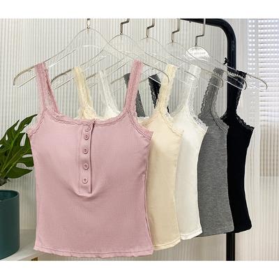 Cotton Spring and Summer Cotton Lace Vest Straps Pure Wind with Breast Pad Buttons Inside To Wear Underwear