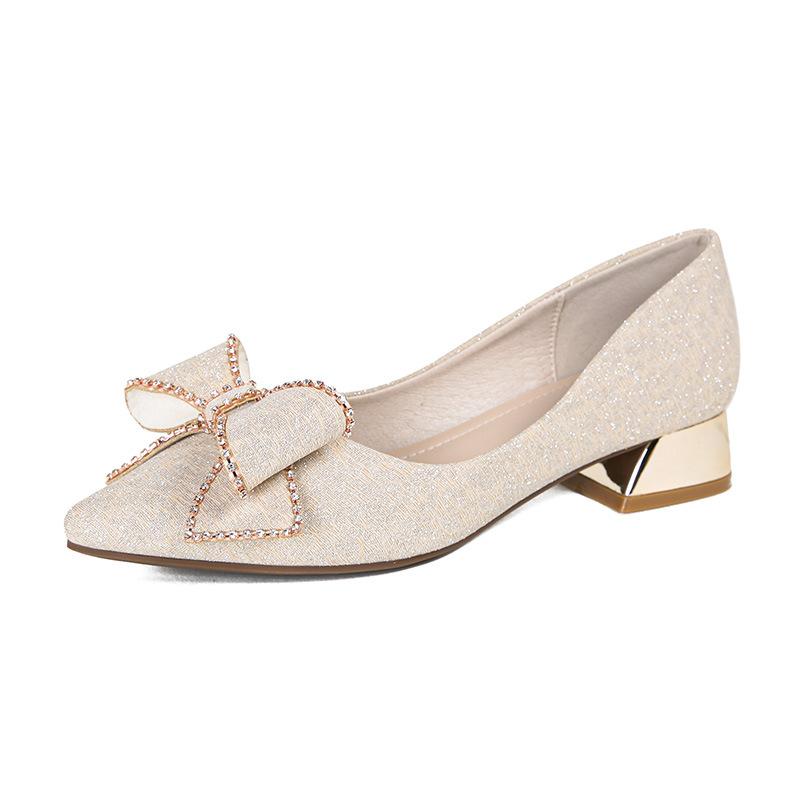 

Womens Champagne Glitter Pointed Toe Block Heel Pumps With Rhinestone Bow Elegant Dress Shoes For Office Work Wedding Party 33