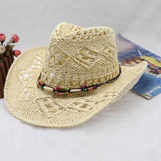 Ψάθα Καπέλο με Προστασία UPF 50+ Ρυθμιζόμενο Λουράκι Πηγουνιού Διακόσμηση με Χάντρες Διάτρητο Σχέδιο Αναπνεύσιμη Πλέξη Ρετρό Ντένιμ Ψάθα Καπέλο