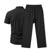 Men's Linen Short-Sleeve Henley Shirt & Long Pants Casual Sportswear Set