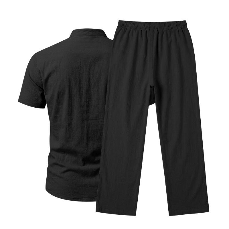 Men's Linen Short-Sleeve Henley Shirt & Long Pants Casual Sportswear Set