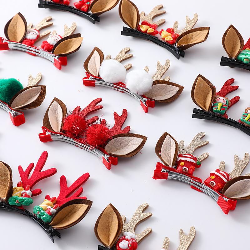 

3pcs Christmas Deer Antler Hair Clips Set with Santa Hat & Reindeer Headband -Hair Accessories,Red&Golden Holiday Hair Clips