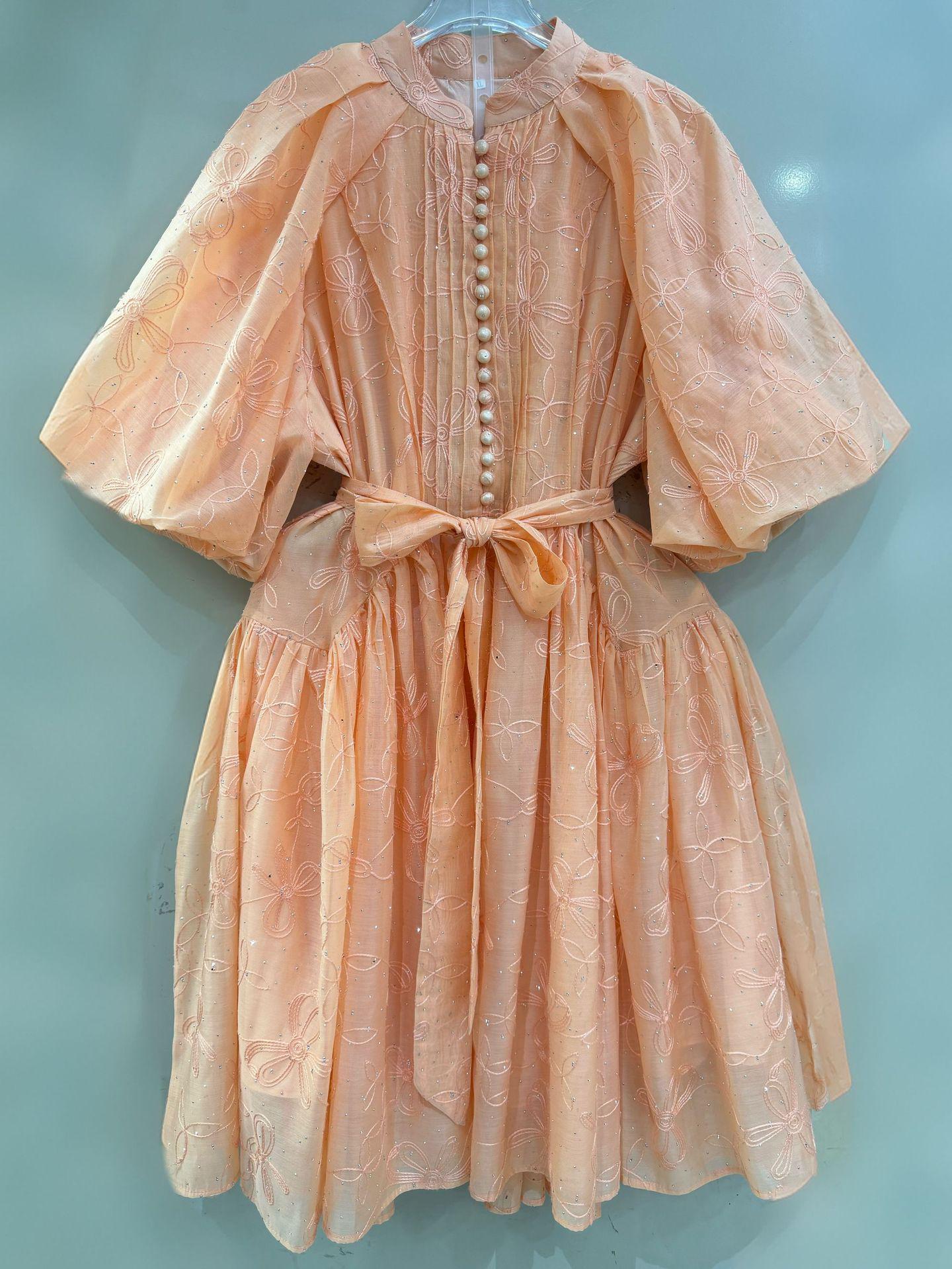

Solid Color Pleated Lace Puff Sleeve Dress with Belted Waist and Stand Collar Large