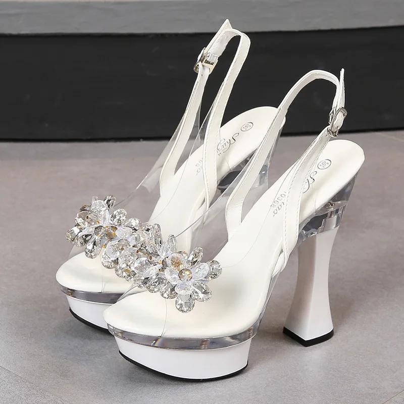 Rhinestone Fishmouth Shoes Nightclub Thick Heel High Heels 14CM Car Model Sandals Female Catwalk Steel Tube Women's Sandals