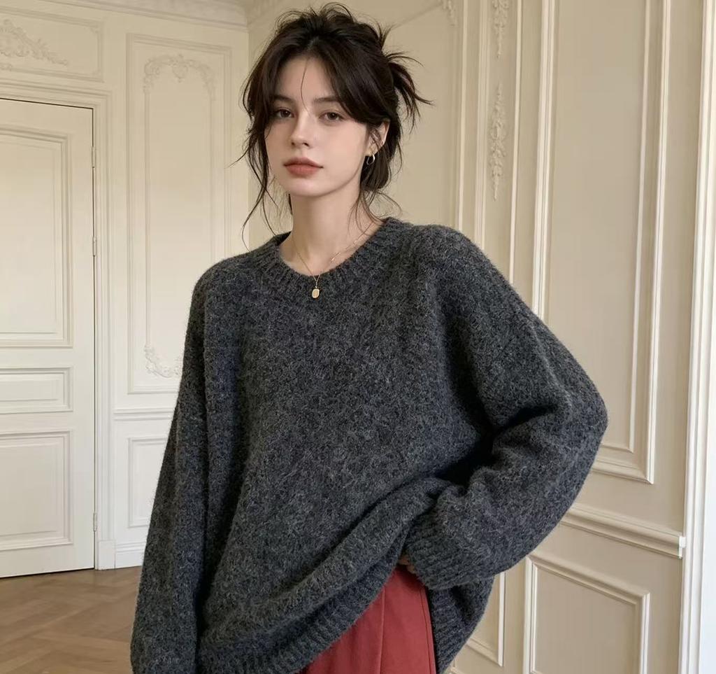 Lazy Wind Large Size Pullover Sweater Women's Autumn and Winter New Versatile Soft Waxy Thick Version Wool Blended Pullover