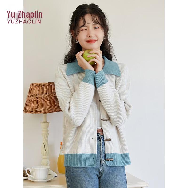 Yuzhaolin Women s Contrast Lapel Knitted Cardigan M