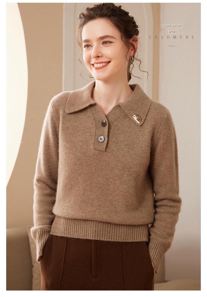 Women's Luxury Cashmere Long Sleeve Lapel Sweater - Versatile, Soft, and Skin-Friendly for Autumn and Winter